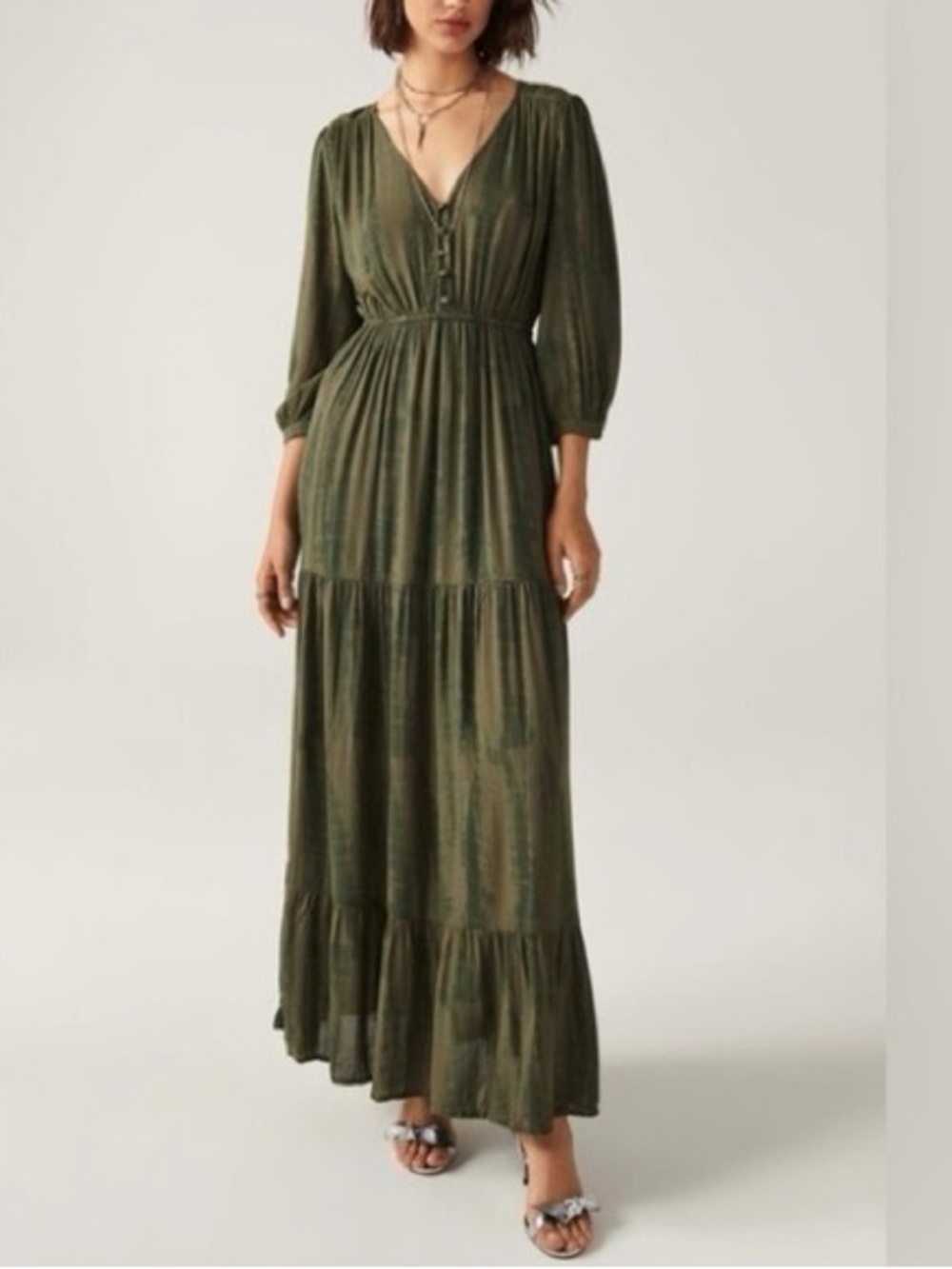 ba&sh Olive Green V-Neck Tiered Maxi Dress